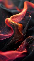 Abstract flowing red and orange luminous waves with glowing particles on dark background create dramatic lighting effect for luxury designs.