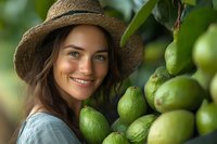 Young Caucasian woman in straw hat smiling among fresh green limes on tree, representing organic farming and sustainable agriculture.
