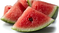 Fresh watermelon wedges with bright red flesh and green rind on white background, juicy summer fruit slices showing natural texture and seeds.