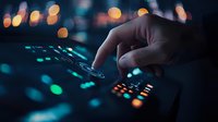 Close-up of hand pressing button on digital control panel with colorful bokeh lights in dark background for technology and automation concepts.
