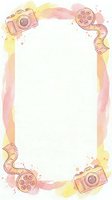 Watercolor frame with vintage camera and film reel icons in soft pink and yellow tones, isolated on white background, ready for design use on invitations, posters, and creative projects.