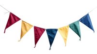 Colorful triangle bunting flags garland with red, yellow, green and blue pennants on white background, isolated party decoration for festive events.