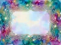 Ornate decorative frame with swirling baroque flourishes in gold and metallic tones, surrounded by vibrant watercolor wash in purple, blue, teal and pink hues. Isolated design element for invitations, cards and creative projects.