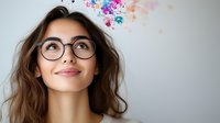 Young Hispanic woman with glasses looking up thoughtfully with colorful paint splashes above her head representing creative ideas and inspiration.