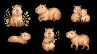Cute watercolor capybara set isolated on transparent background, ready for stickers, t-shirt design, clipart, print on demand, and sublimation projects.