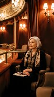 Elegant senior Caucasian woman in luxury opera house box seat wearing black evening attire with ornate scarf, surrounded by golden baroque architecture and warm lighting.