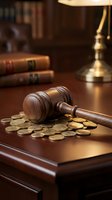 Wooden judge gavel with golden coins on mahogany desk in law office with books and brass lamp creating warm professional legal atmosphere.
