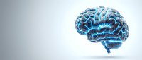 Digital brain with glowing blue neural networks and electrical connections on white background for medical and technology concepts.