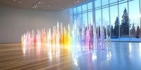 Glowing rainbow light pillars in modern gallery space with floor-to-ceiling windows overlooking snowy forest landscape, wooden floors reflect colorful illumination.