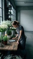 Young Caucasian female florist arranging white flowers in modern industrial workspace with large windows and concrete floors for small business concept.