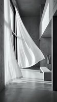 Sheer white curtain billowing in sunlight through window in minimalist concrete interior space with wooden bench, creating ethereal architectural composition.
