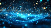 Magical glowing particles floating in dark space with blue light effects and bokeh circles creating ethereal cosmic atmosphere. Suitable for abstract backgrounds.