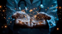 Magical glowing sparkles and light particles floating above cupped hands against dark background, creating mystical atmosphere for spiritual and fantasy concepts.