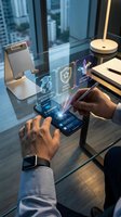Businessman using smartphone with holographic cybersecurity interface displaying digital protection shields and data encryption in modern office.