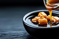 Golden caramel sauce pouring over soft candy pieces in dark ceramic bowl on wooden surface for dessert and confectionery cooking concepts.