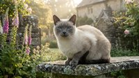 Siamese cat with dark points sitting on stone wall in lush garden with purple flowers and historic building in soft sunlight background.