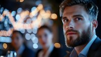 Professional bearded businessman in suit looking thoughtfully at camera with warm bokeh lights creating elegant corporate atmosphere for business presentations.