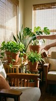 Woman caring for indoor plants in sunny living room with bamboo blinds and terracotta pots creating cozy home garden atmosphere.