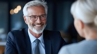 Mature Caucasian businessman with gray hair and beard wearing glasses smiles warmly during professional meeting with colleague in modern office setting.