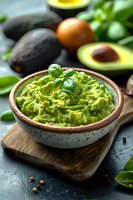 Fresh homemade guacamole garnished with basil in ceramic bowl on wooden board. Traditional Mexican avocado dip with whole avocados and ingredients in background, perfect for healthy appetizer.