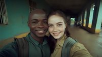 Young diverse couple taking selfie in urban setting with turquoise wall background. Genuine smiles and casual style create authentic friendship moment.