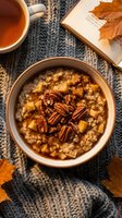 Warm autumn breakfast bowl with oatmeal, diced apples, pecans, and cinnamon served on cozy knit blanket with hot beverage and fall leaves for seasonal dining.