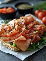 Toasted bread slice topped with fresh lettuce, sliced tomatoes, and cured meat garnished with cracked pepper and herbs, served with fresh produce and condiments.