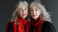 Two elegant senior women with long silver hair wearing red scarves and black clothing against dark background, representing beauty in aging.
