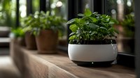 Fresh green basil growing in modern white ceramic planter on wooden windowsill with natural sunlight and blurred garden background, home gardening concept.