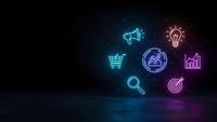 Digital marketing neon icons glowing on dark background including megaphone, lightbulb, shopping cart, analytics, search and target symbols for business.
