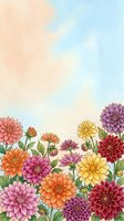 Colorful dahlia flowers border with watercolor sky background for greeting cards, invitations and floral design projects.