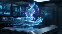 Futuristic holographic DNA double helix floating above digital hand in modern medical laboratory with healthcare innovation technology interface displays.