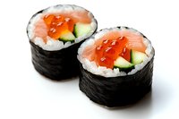 Fresh salmon and cucumber maki sushi rolls topped with red caviar on white background, traditional Japanese cuisine prepared with nori seaweed and rice.