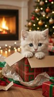 Adorable cream-colored kitten with blue eyes sitting in festive gift box surrounded by holiday decorations, twinkling lights, fireplace and Christmas tree in background.