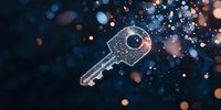 Glowing transparent key floating in dark space with magical sparkles and bokeh lights creating mystical atmosphere. Concept of success and unlocking potential.