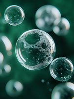 Delicate soap bubbles floating against emerald green background with detailed foam texture and light reflections creating dreamy atmospheric effect.