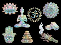 Meditation and wellness collection with lotus flower, yoga pose figure, om symbol mandala, decorative mandalas, hamsa hand, stacked stones, and dried lavender bundle isolated on transparent background. Ready for t-shirt design, stickers, sublimation, print-on-demand products and spiritual clipart.