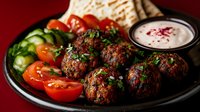 Middle Eastern meatballs served with fresh vegetables, pita bread and yogurt sauce on dark plate against red background, close up view of traditional appetizer.