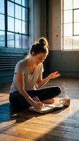 Young Caucasian woman sitting cross-legged on wooden floor writing in notebook with coffee cup in bright industrial loft space with large windows and natural light.