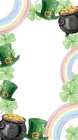 Watercolor St Patricks Day frame with leprechaun hats, pot of gold, four leaf clovers and rainbow on white background for greeting cards and party invitations.