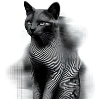 Black cat with striped optical illusion effect on white background, creating modern abstract art suitable for graphic design projects.