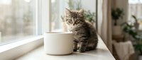 Cute tabby kitten sitting beside a white ceramic bowl on a windowsill with soft natural light and green plants in the background.