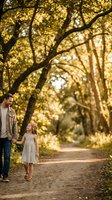 Father and young daughter holding hands walking on forest path during golden hour autumn day with warm sunlight filtering through tree canopy overhead.