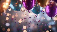 Festive purple and blue balloons floating with glowing bokeh lights and falling confetti creating magical party atmosphere for celebration background.