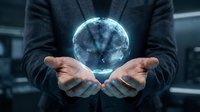 Businessman in dark suit holding glowing digital globe between hands, representing global business, technology innovation, and worldwide connectivity for corporate solutions.