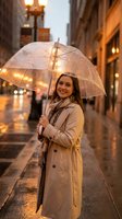 Young woman with long dark hair and South Asian ethnicity holding illuminated transparent umbrella on rainy urban street at dusk, wearing beige coat and scarf, smiling at camera with city lights and buildings in background.
