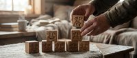 Hands arranging wooden alphabet blocks with letters on coffee table in cozy living room setting for educational play and learning activities.