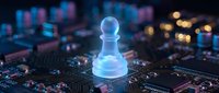 Glowing chess pawn piece on computer circuit board with colorful LED lights representing strategic technology planning and digital transformation concepts.