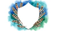 Watercolor feather frame with shield badge on isolated white background, perfect for tribal, bohemian, and southwestern design projects, invitations, and decorative artwork.