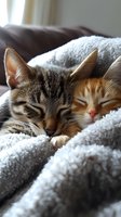 Two adorable cats sleeping peacefully together on soft gray blanket, close-up view showing their relaxed faces and gentle expressions. Perfect for pet care themes.